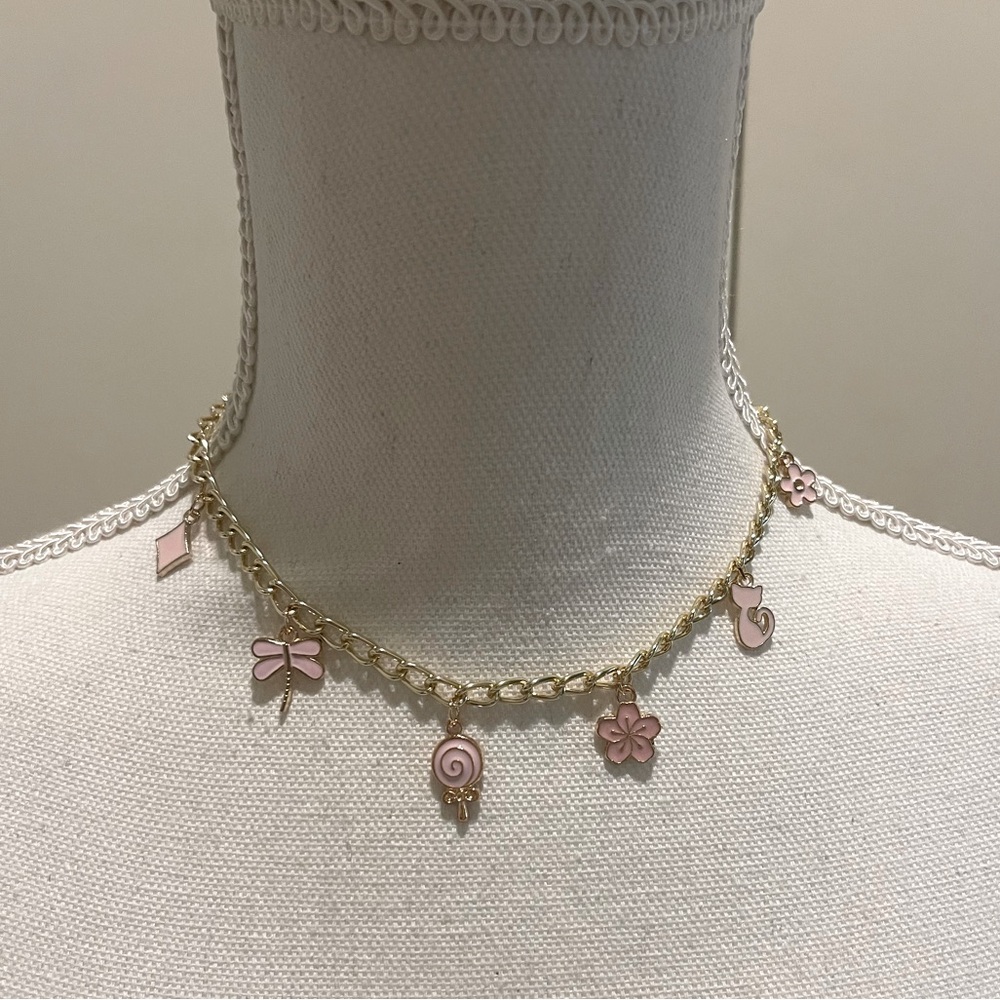 Pink and gold charm choker necklace